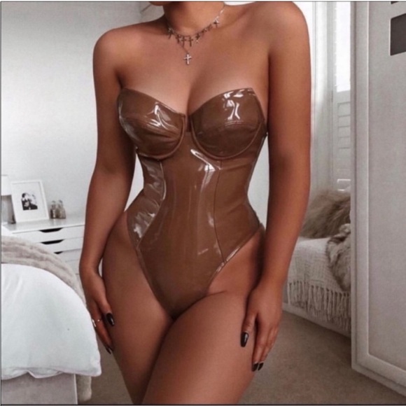 House of CB Tops - House of CB Ottavia Patent vinyl Bodysuit Medium faux leather